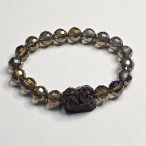 Treska Grey Faceted Crystal Bead Bracelet with Purple Druzy Stone Accent Jewelry